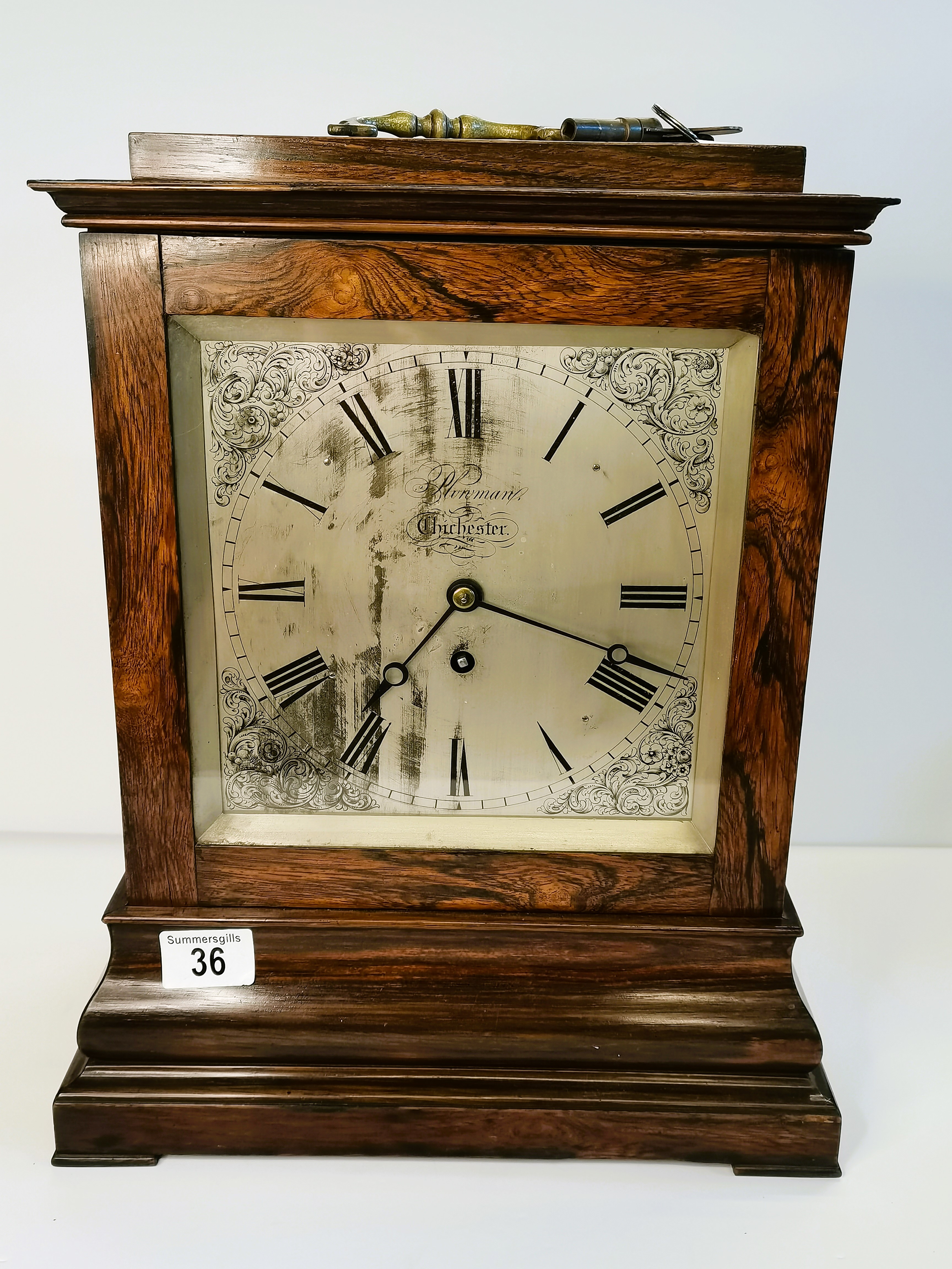 Antique Rose wood Mantle clock with Key silvered dial and by Plowman of Chichester maker - H43cm X W