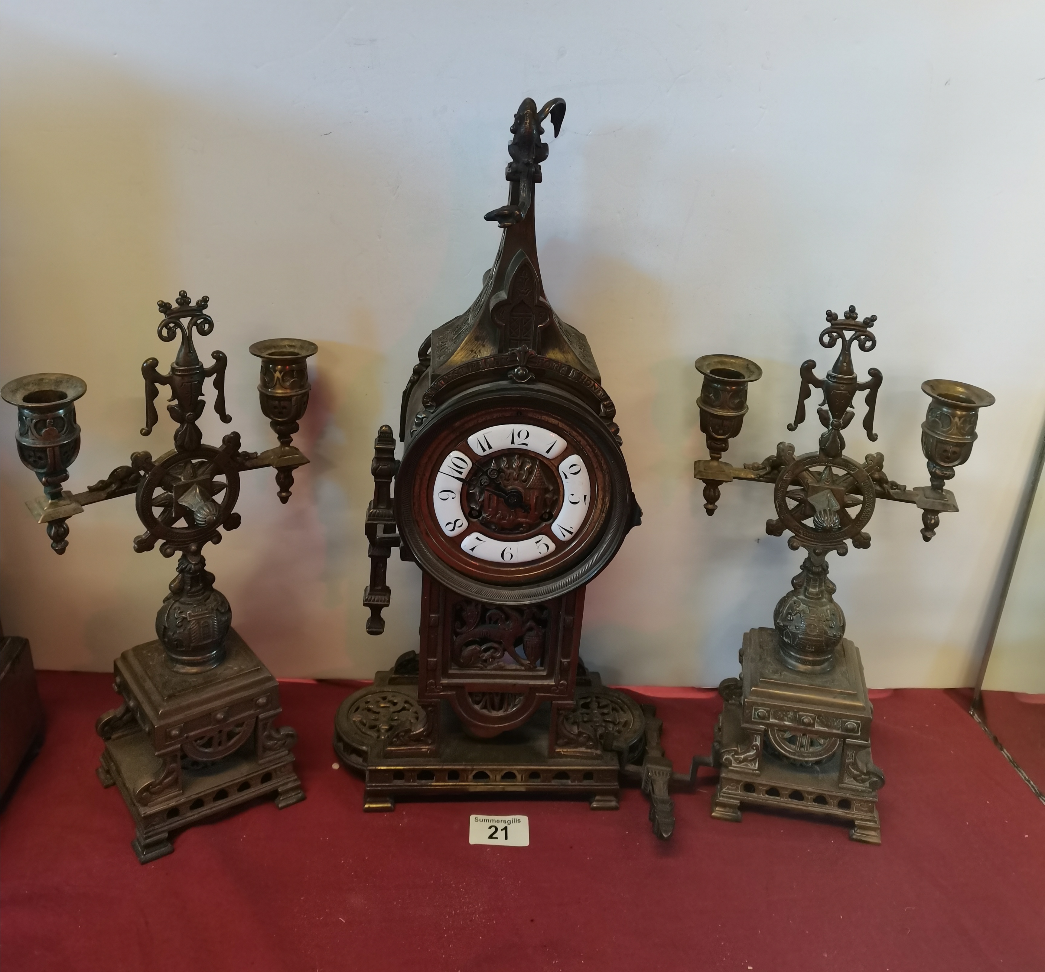 Antique brass clock garniture set ( glass missing )