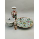 Chinese cup, plate and vase plus small scent bottle