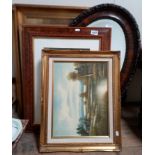 Paintings in gilt frames and Oval mirror in wood frame