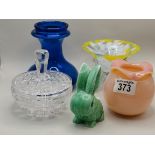 Crystal Bon Bon dish with lid, x3 glass vases a small Sylvac Rabbit