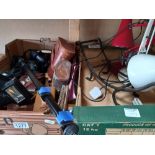 2 x Anglepoise lamps plus box of cameras, binoculars etc