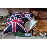 Misc items incl 3 x wicker picnic hampers, union jack cushion, rug etc