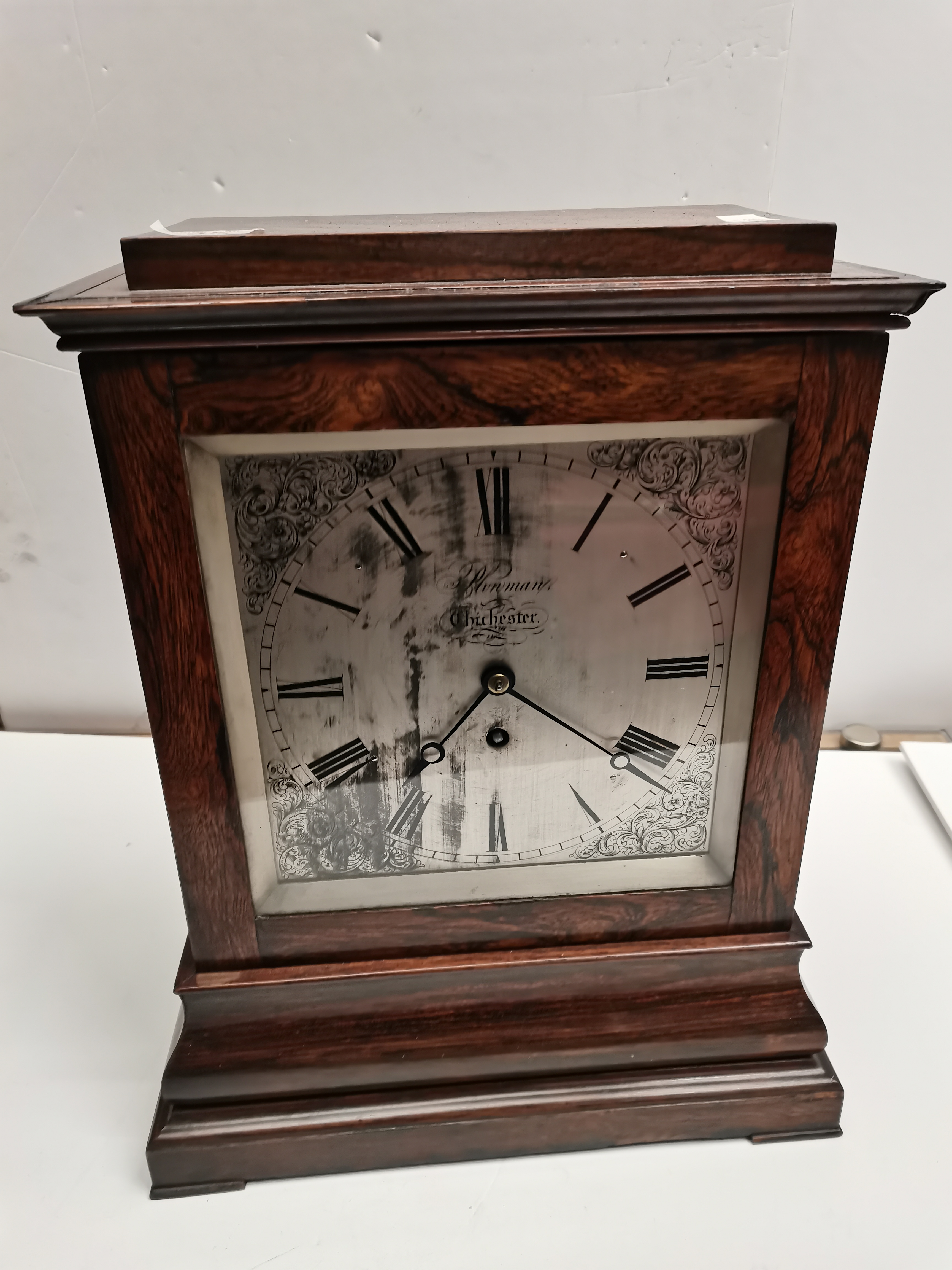 Antique Rose wood Mantle clock with Key silvered dial and by Plowman of Chichester maker - H43cm X W - Image 2 of 7