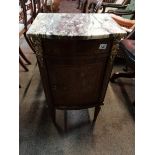 Antique French style walnut and inlaid bedside cabinet with marble top