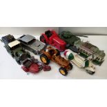 8 Large Tin Toys 2 Tractors, 1 Tram, Tank, Motorcycle with Sidecar etc
