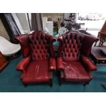 Red leather Queen Anne chesterfield chairs x 2