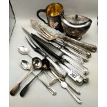 A collection of Silver and Plated items including carving knives, folks etc