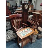 A collection of Misc furniture including tables, chairs, grandmother clock