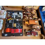 A Box of Tin Plate Cars with others and a collection of Wooden Motorcycles