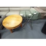 Glass and Chrome round table and Oak round coffee table