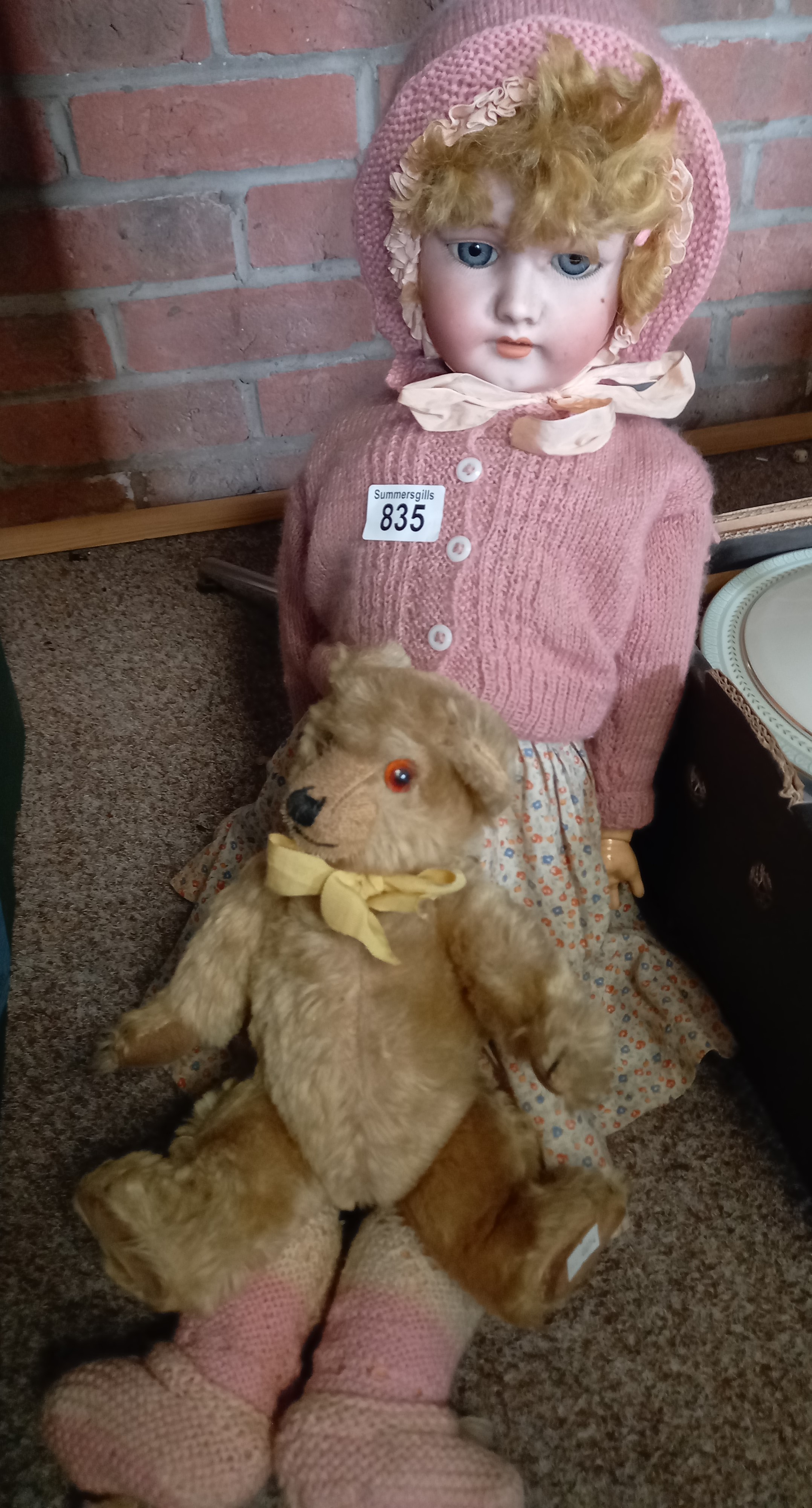 Antique German Porcelain doll Head ok fingers (A/F) Plus Teddy Bear ( possibly Simon and Halbig