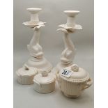 A pair of Leeds Pottery Candle Sticks and x3 Lidded dishes