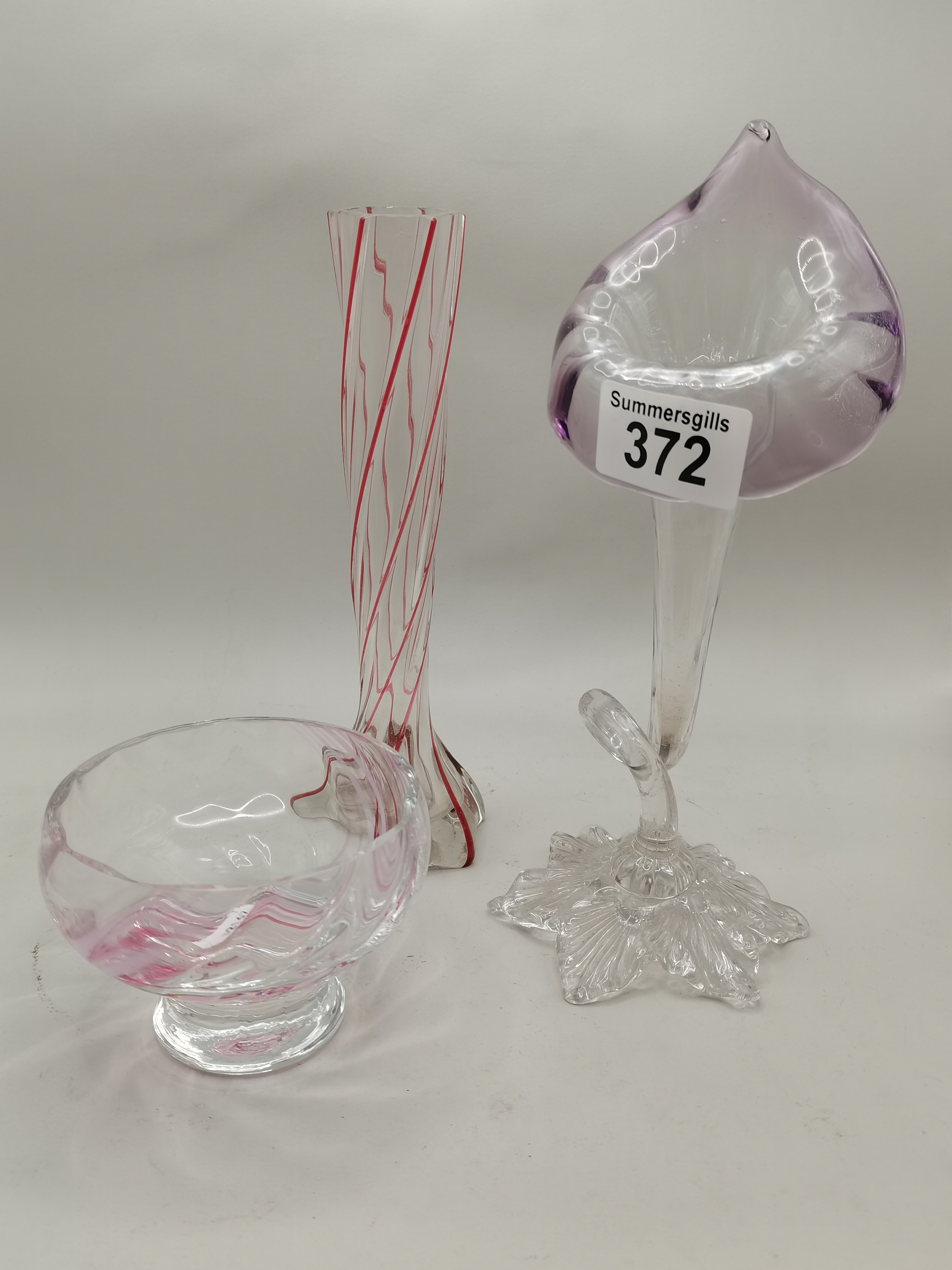 2 x glass bud vases plus glass dish with pink/red streaks