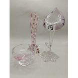 2 x glass bud vases plus glass dish with pink/red streaks