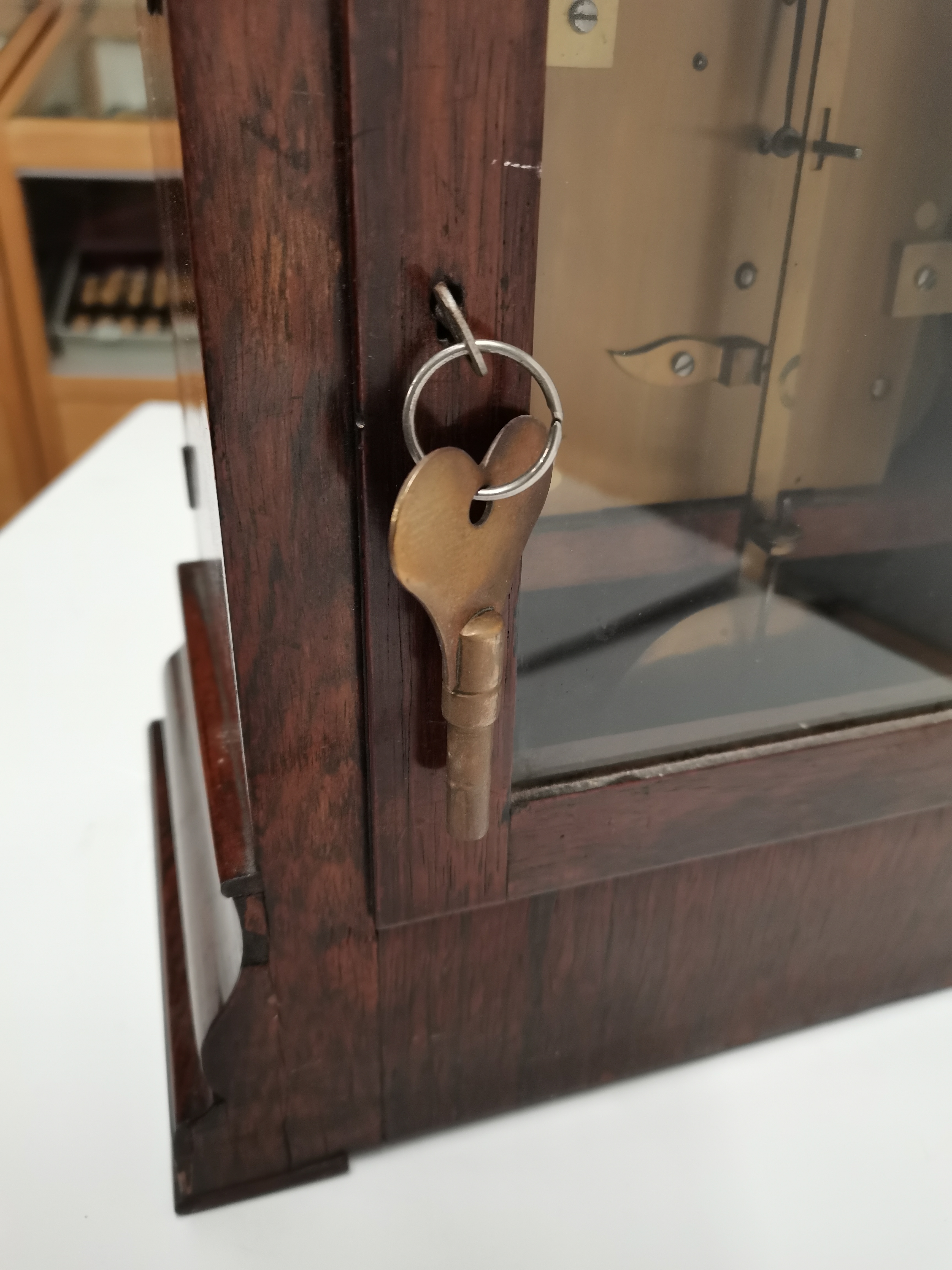 Antique Rose wood Mantle clock with Key silvered dial and by Plowman of Chichester maker - H43cm X W - Image 7 of 7