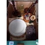 Miscellaneous Box Containing Crystals, Wedgewood Plates Brass Tea Caddy and Candlesticks and silver