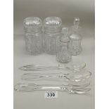 4 x cut glass jars with stoppers plus glass salad servers