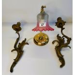 Antique French style brass wall light with glass shade and x2 brass wall candle holders