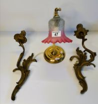 Antique French style brass wall light with glass shade and x2 brass wall candle holders