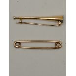 9ct Rose Gold Kilt pin and Gold hunting horn brooch