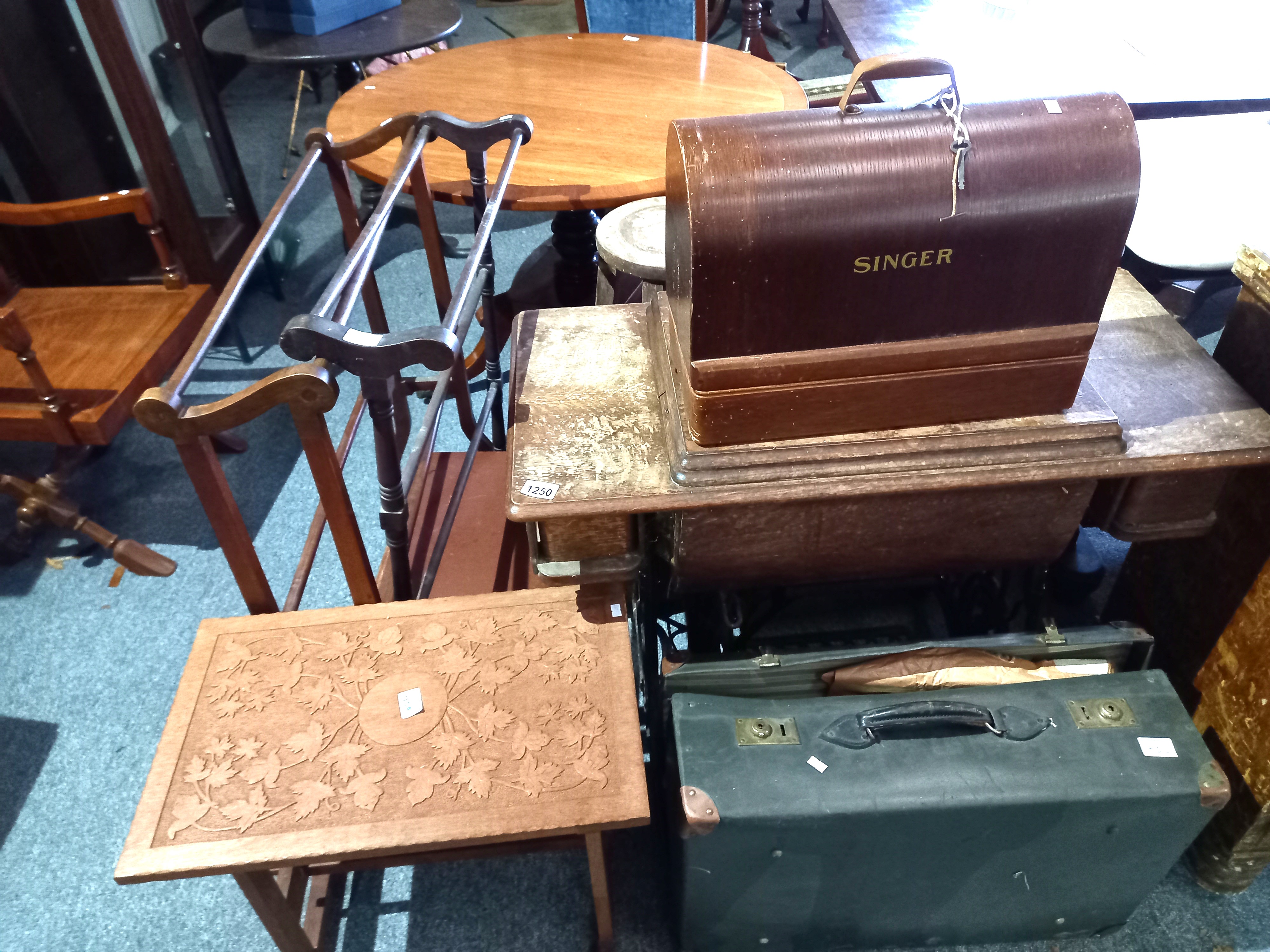 Misc items including Singer Sewing Machine inc table, vintage suite case, trunk, towel rails etc etc