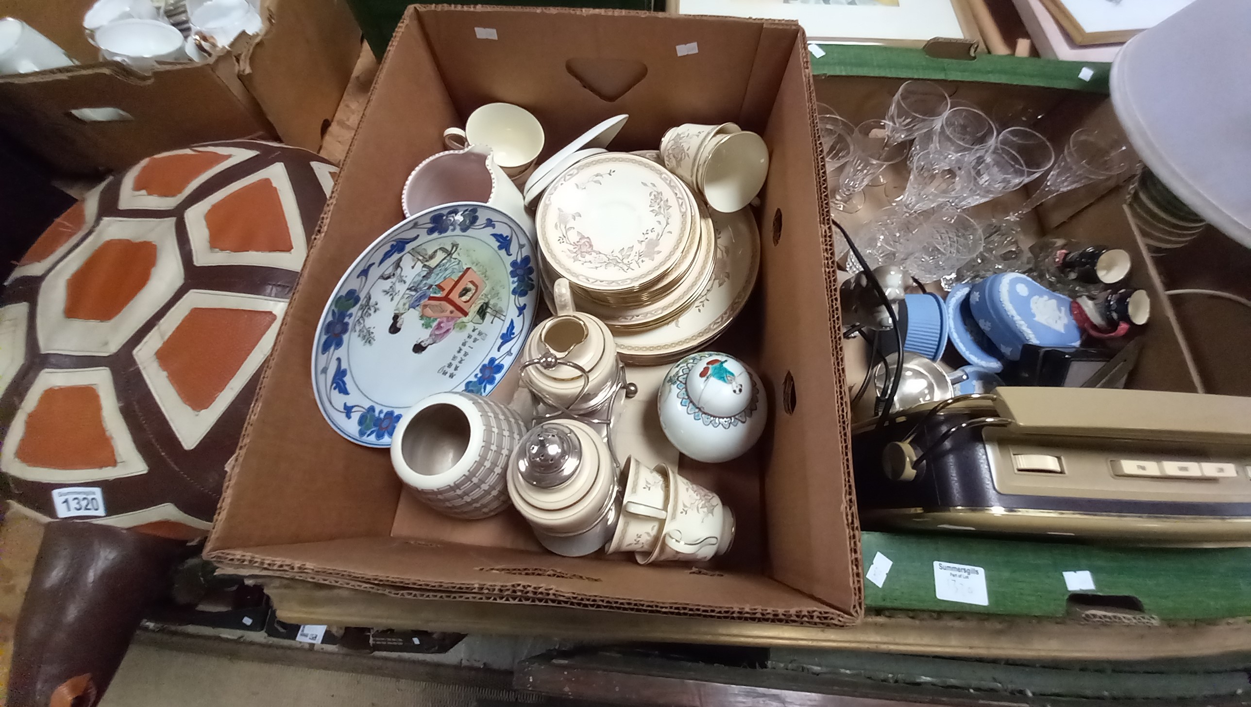 2 x boxes misc. items incl Bush radio, Royal Doulton tea set, table lamp, Wedgwood etc