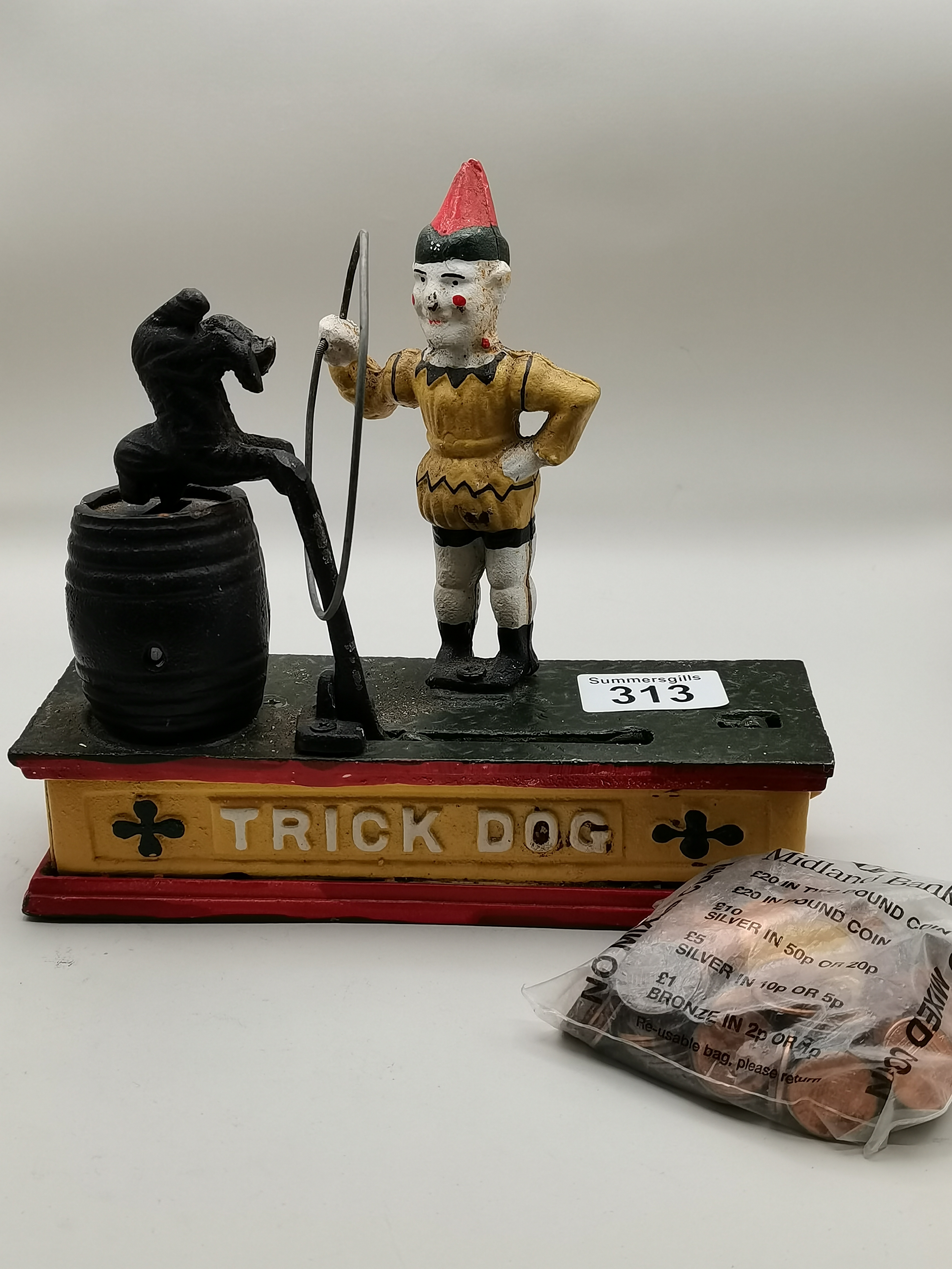 Antique Trick Dog Metal money box and bag of coins