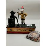 Antique Trick Dog Metal money box and bag of coins