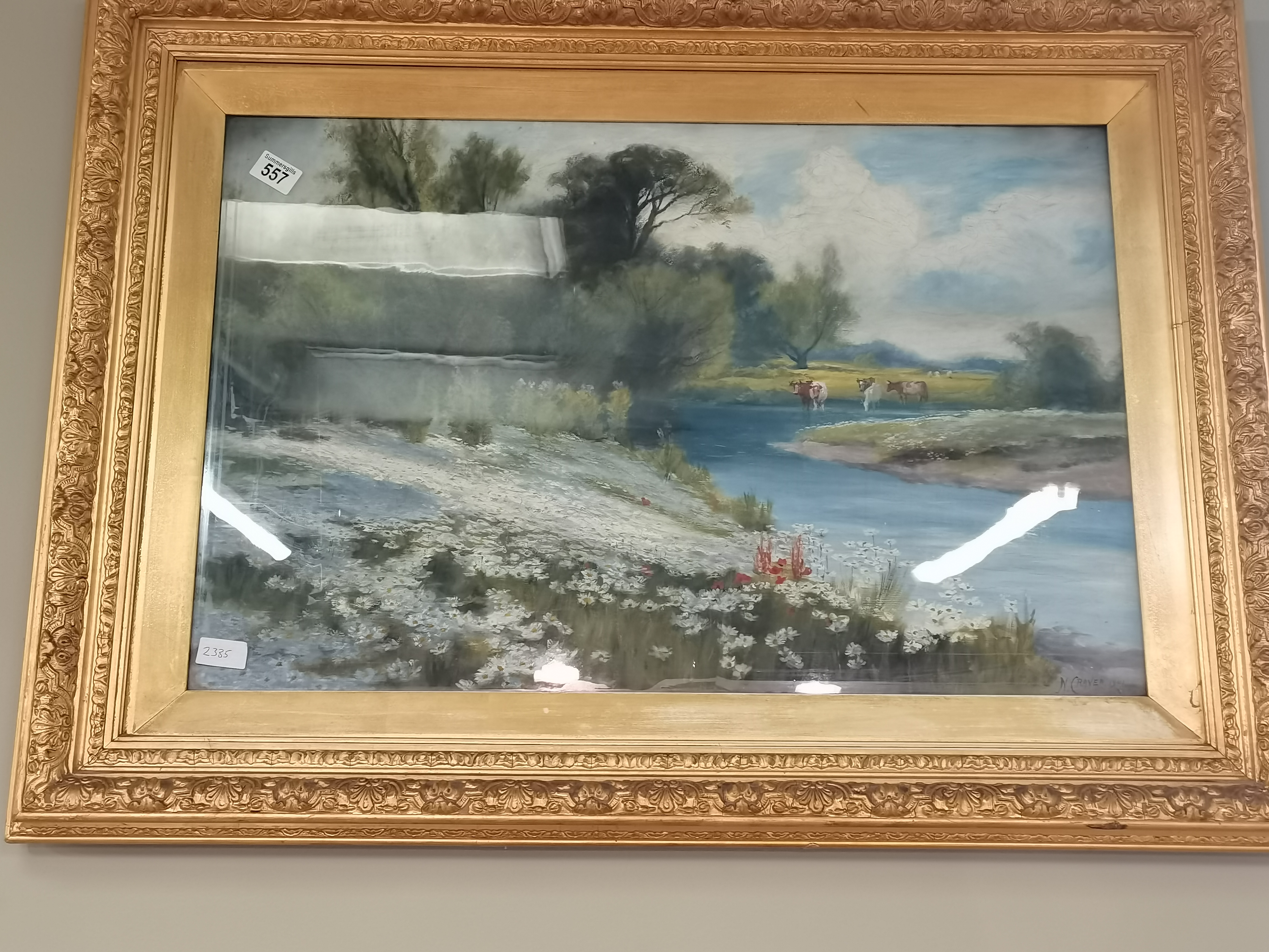 Large oil painting of Cows in lake by N Craven 1901