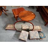 2 x Mahogany occasional tables, Oval mirror and tapestry long carved footstool