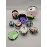x4 Decorative glass Paperweights plus x4 antique Enamel trinket boxes and a compact