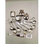 Misc Silver and plated items including match holder, spoons etc