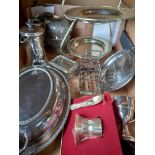 1 box of silver plated items incl cake stand, tea pot etc