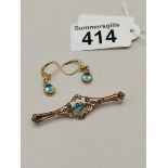 9ct Gold brooch and earrings with aquamarine stones