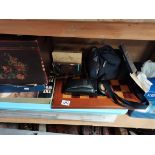 A Miscellaneous Collection to Include Records, An Austrian Wooden Box and Cameras