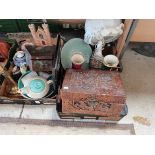 2 Boxes of Ceramics, Lamp, Carved Box and Brass Lamp
