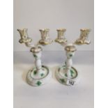 A Pair of Herend Porcelain Green Chinese Bouquet Twin Candle Holders