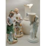 Belleek Vase and Figurine plus x2 German Bisque figurines