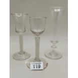 x2 Antique Glass opaque twist wine glasses plus Early 19th C champagne flute