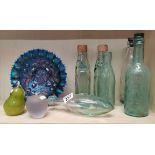 A Collection of Victorian glass bottles, Carnival Plate and Paper weights