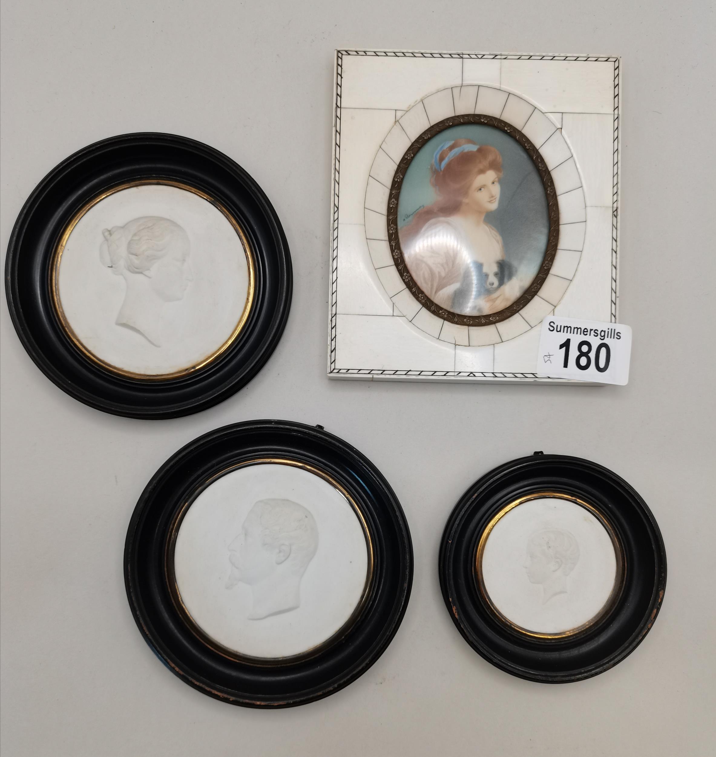 Reproduction porcelain plaque plus 3 x antique plaques