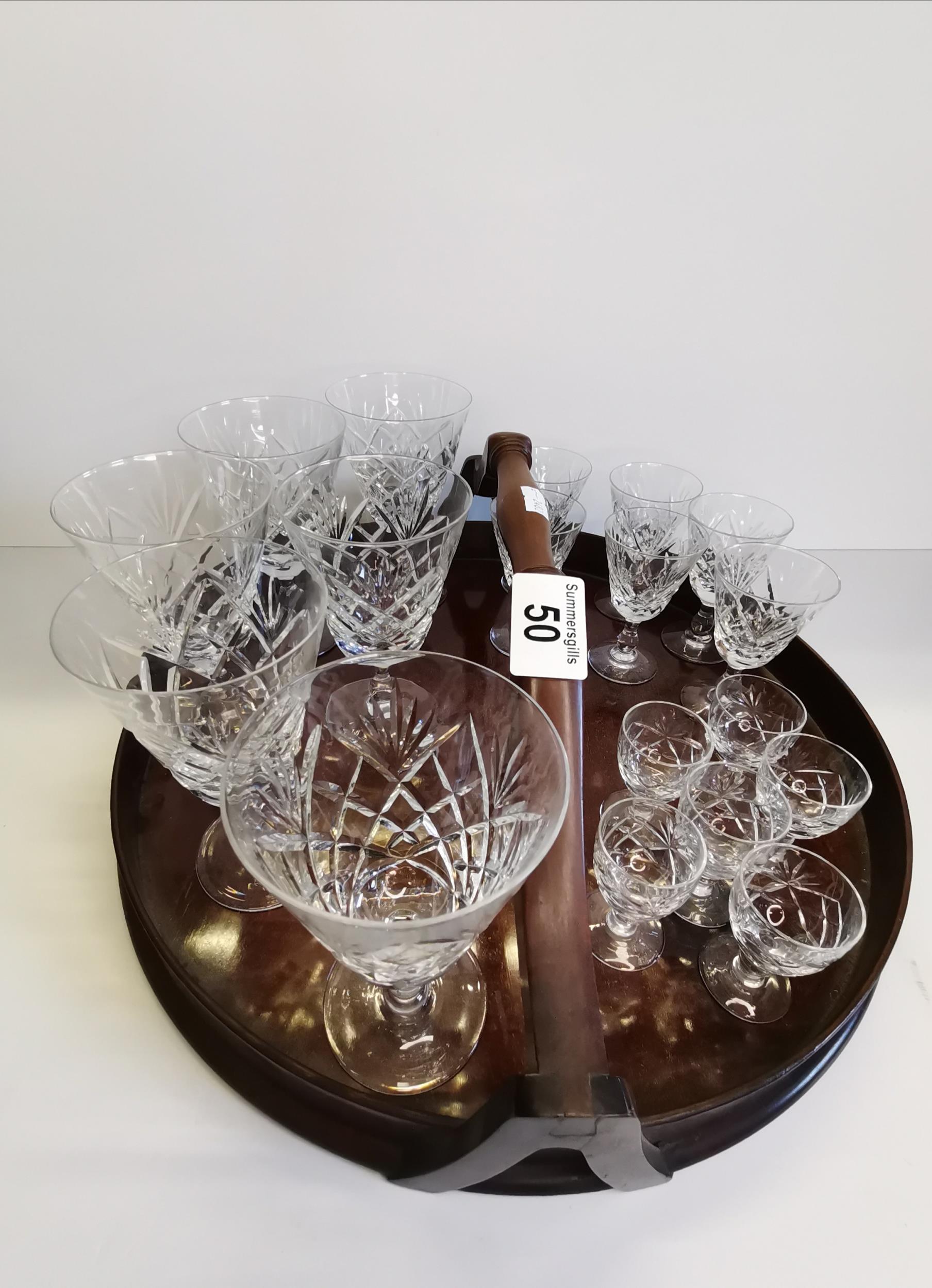 Crystal glass set on mahogany tray with centre handle