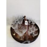 Crystal glass set on mahogany tray with centre handle