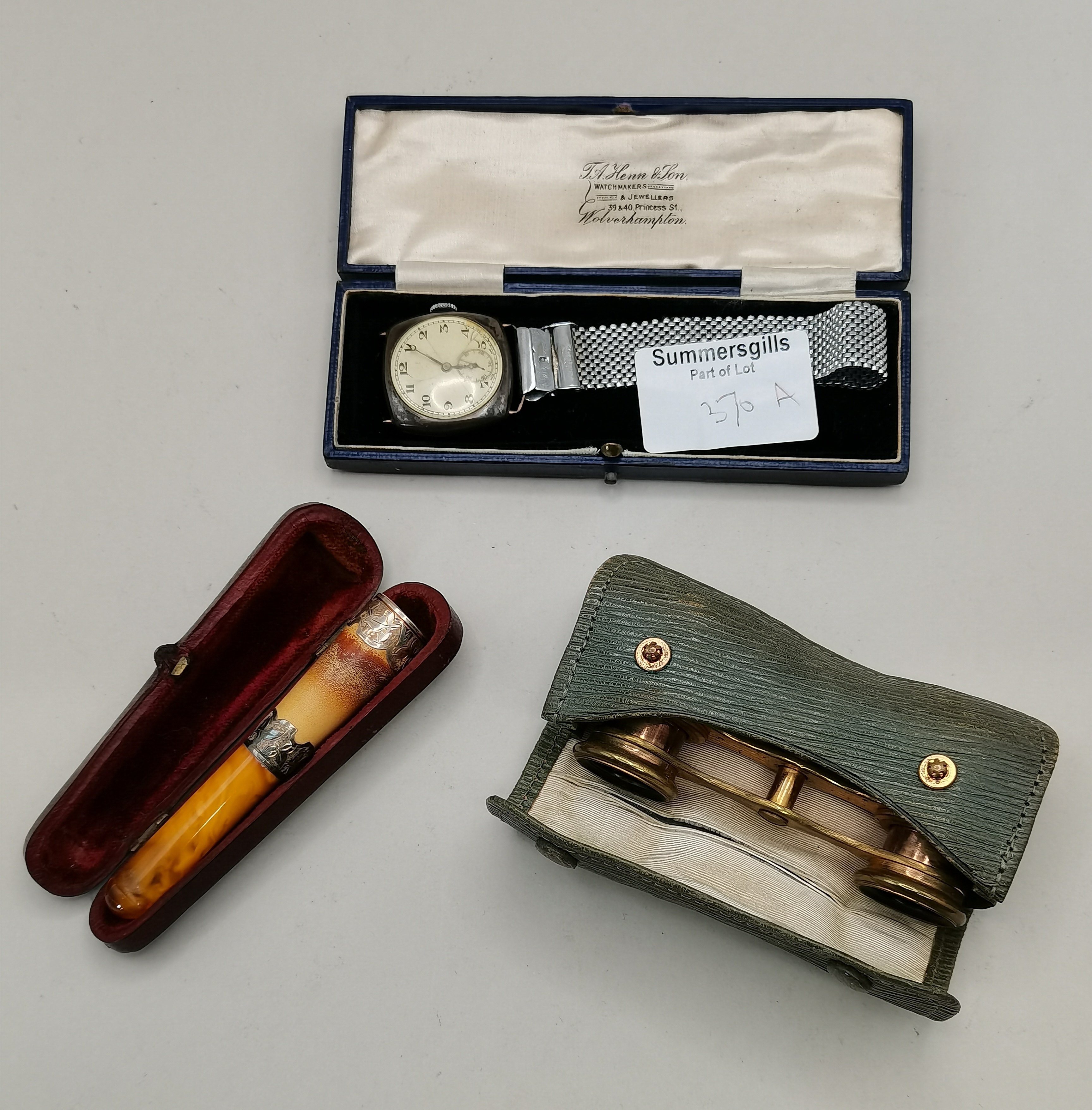 Gents silver watch , cigarette holder and pair of Opera glasses
