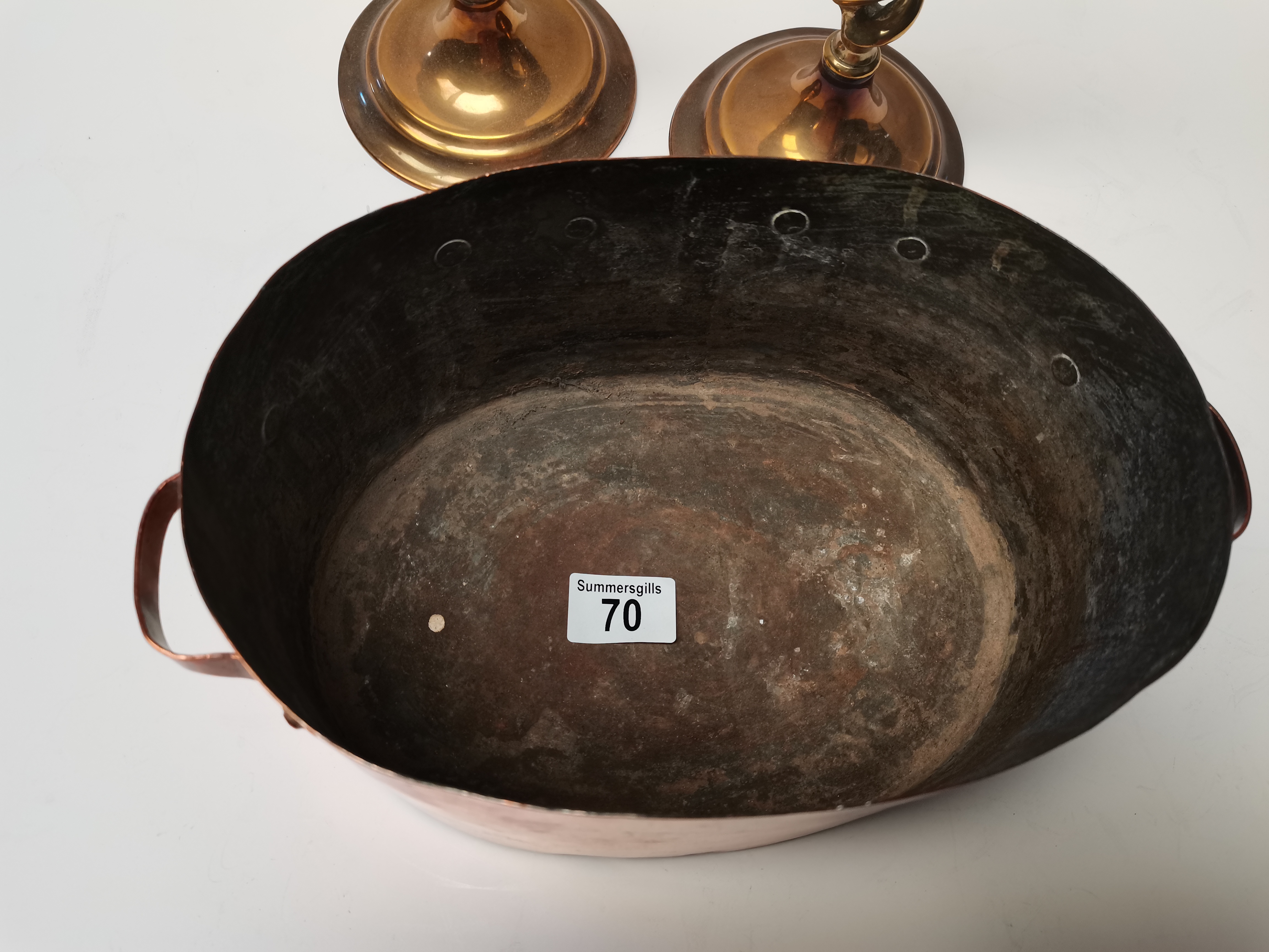 French Copper Sauté Pan 25cm x 17cm plus 2 brass candle sticks - Image 6 of 7