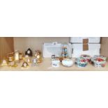 A collection of miniature clocks and Ardleigh Elliott trinket dishes