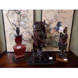 Chinese lamps ( cinnabar ) ( Carved wood ) and a Chinese Carved wood figure statue H50cm