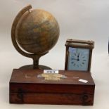 Brass carriage clock and antique Hydrometer by W.R Loftus plus small tin globe