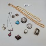 A collection of Jewellery including pearls, silver brooches and ring etc